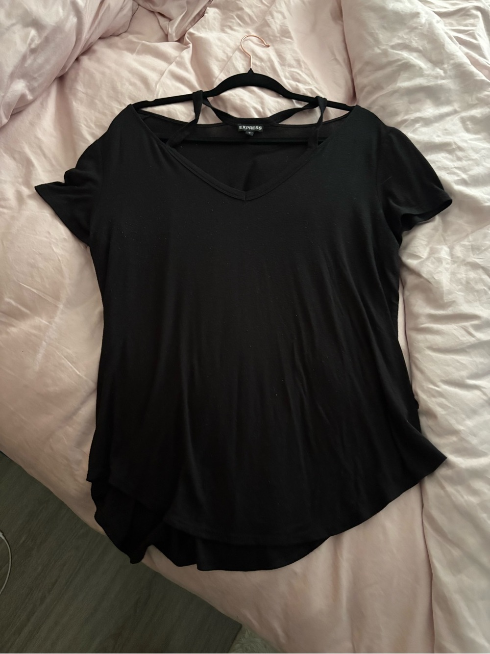 Express Black V-Neck Short Sleeve Tee with Strappy Back